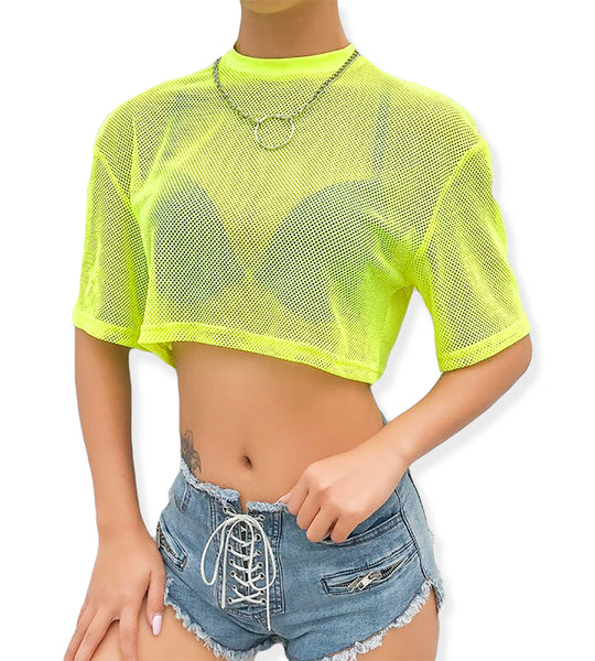 neon green fishnet crop top