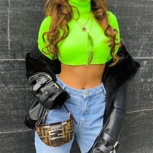 neon green turtleneck crop top