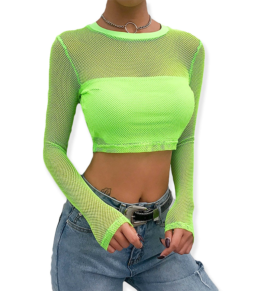 Malibu Sugar Girls 7-14 Short Sleeve Neon Mesh Crop Top Fishnet Shirt