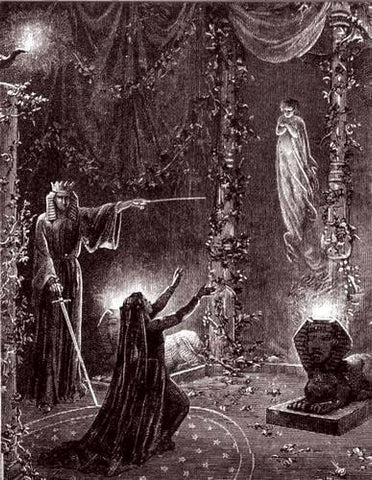 image: "Émile Bayard Summoning the Beloved Dead, Illustration from ‘Histoire de la magie’ (History of magic) by Paul Christian, Paris, 1870 ” - this supposedly represents Moina and MacGregor Mathers in Rites of Isis, a Hermetic Order of the Golden Dawn ritual