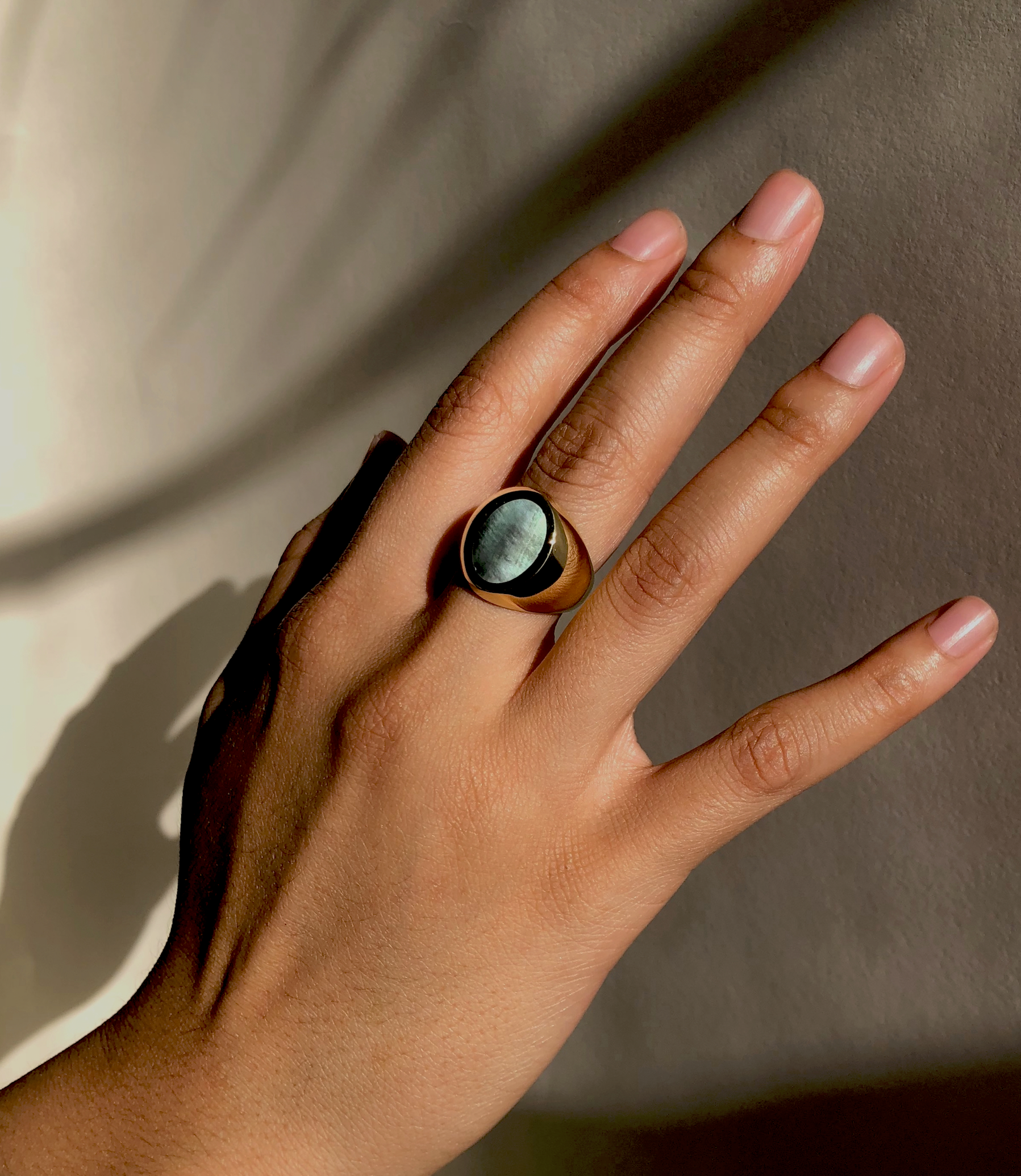 Black Mother of Pearl Oval Stone Signet Ring