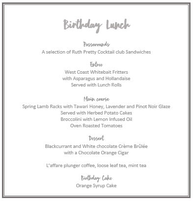 "Ruth Pretty Catering Menu - Special Birthday Lunch - Springfield House"