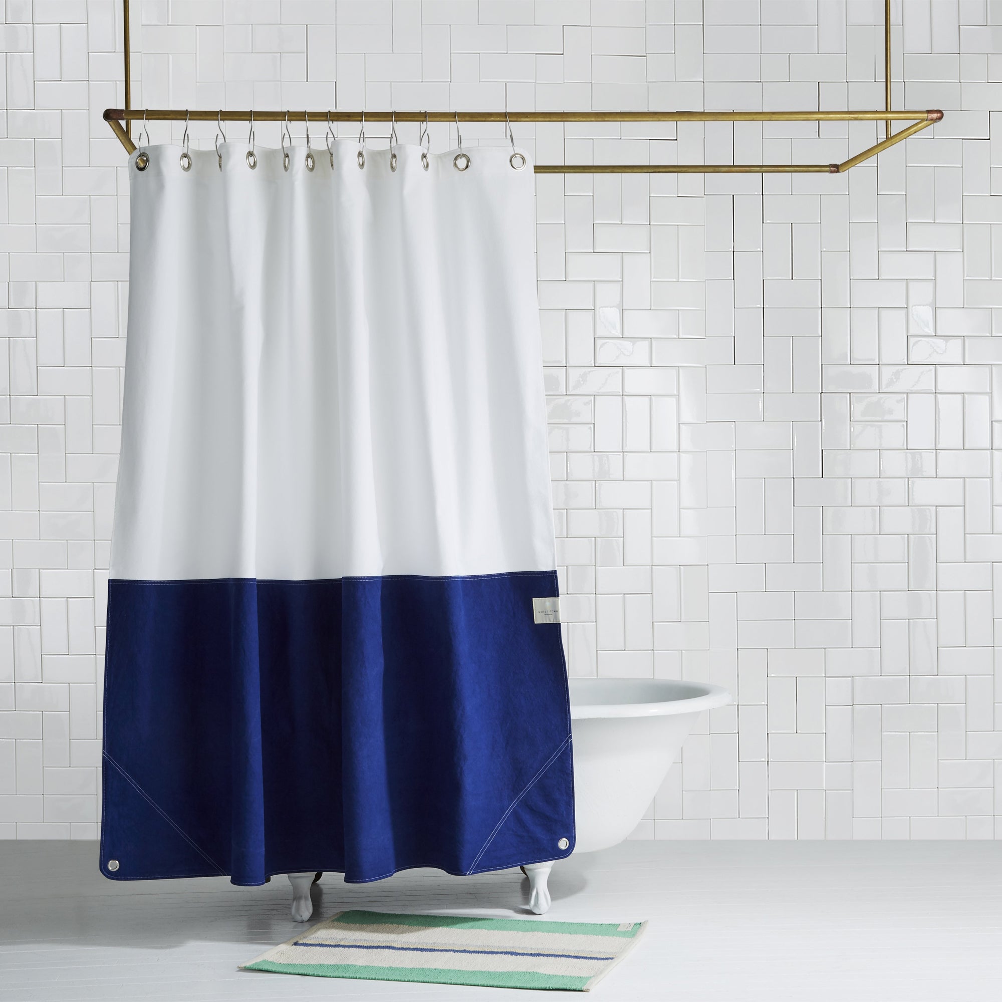 Orient Dusk Quiet Town shower curtain blue brooklyn made canvas color-blocked cotton machine wash made in brooklyn made in usa