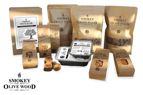 Smokey Olive wood produkcijos iš ispanijos asortimentas. Dulkės, drožlės, kaladės rūkymui. Alyvmedis