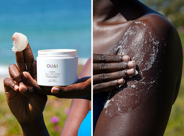 ouai st barts scalp and body scrub full body exfoliator dry itchy scalp tropical scent vegan body oil for all skin types