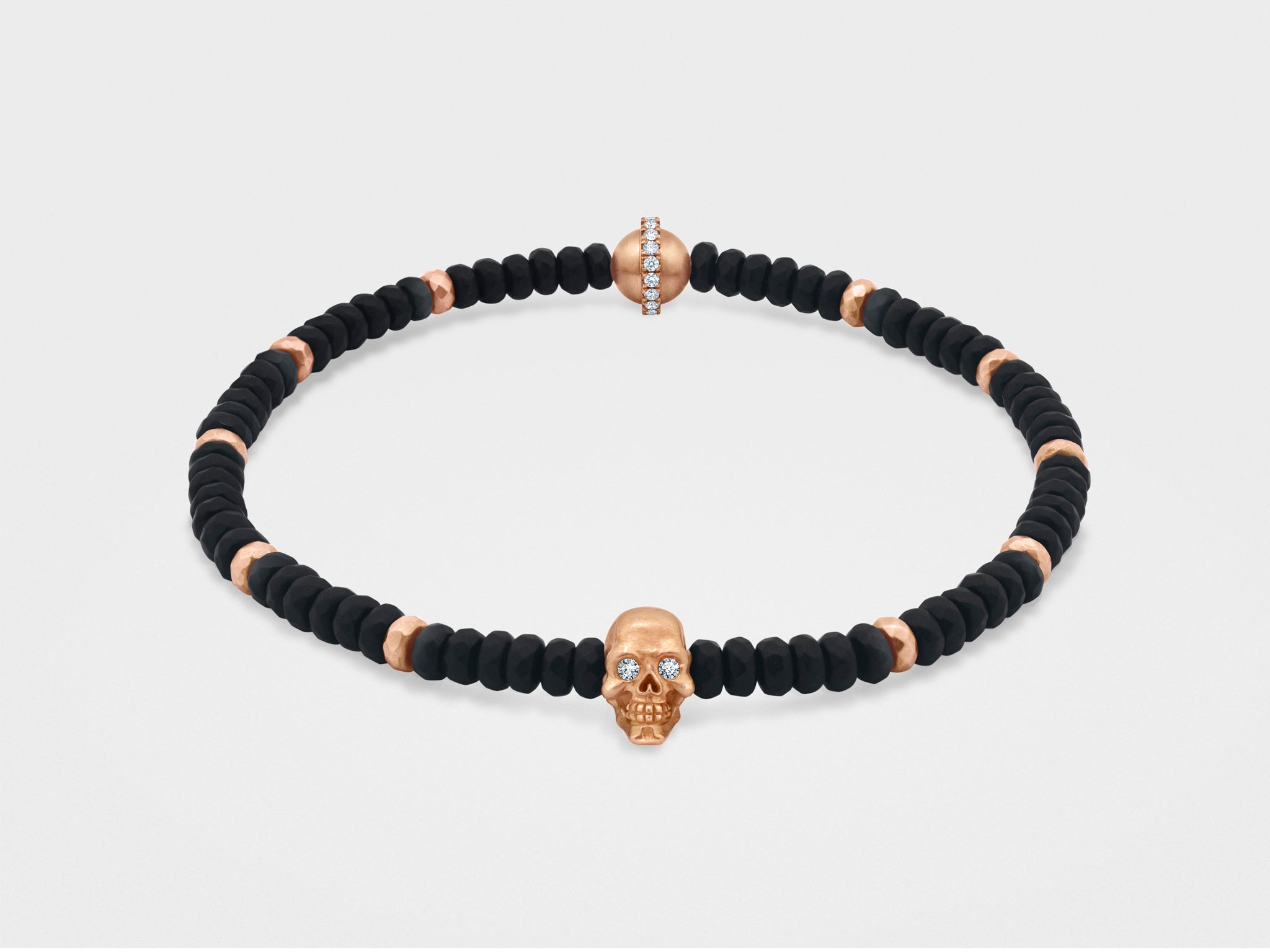 Skull Bracelet in 18K Gold with Black Faceted Agate and Gold Bea