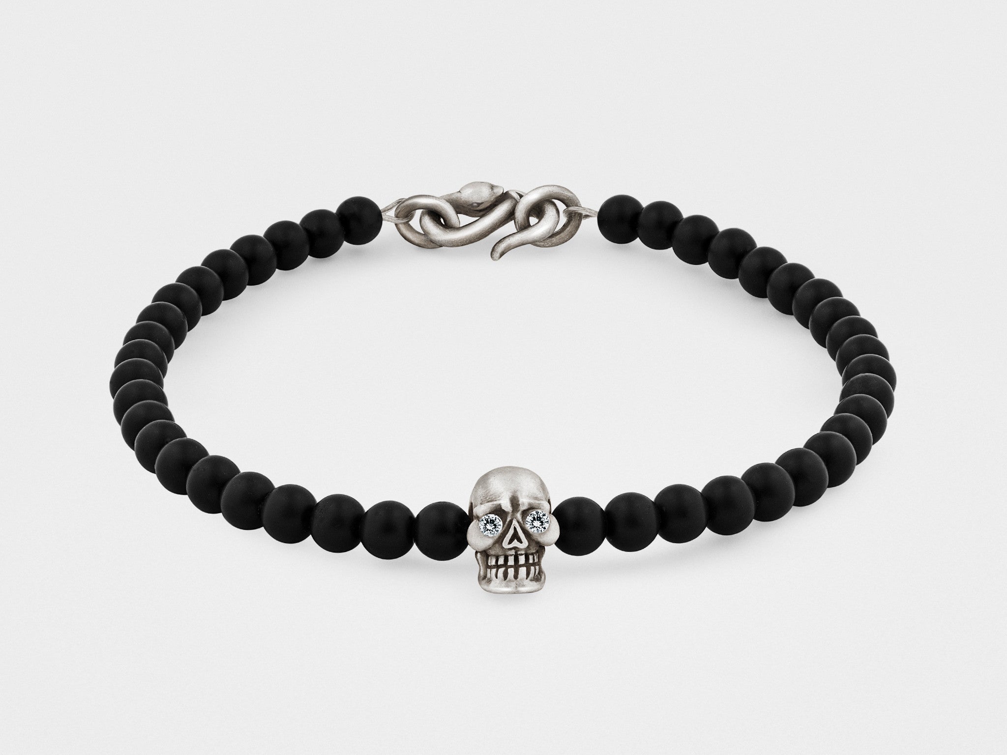 Skull Bracelet in Sterling Silver with Diamond Eyes, Black Onyx 