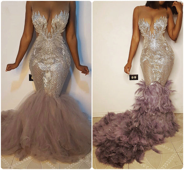 Saffire crystal dress with tulle or extended feather train ...