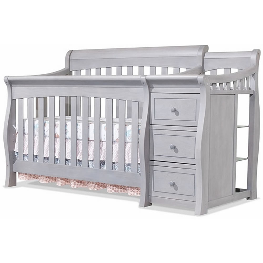 gray baby crib with changing table