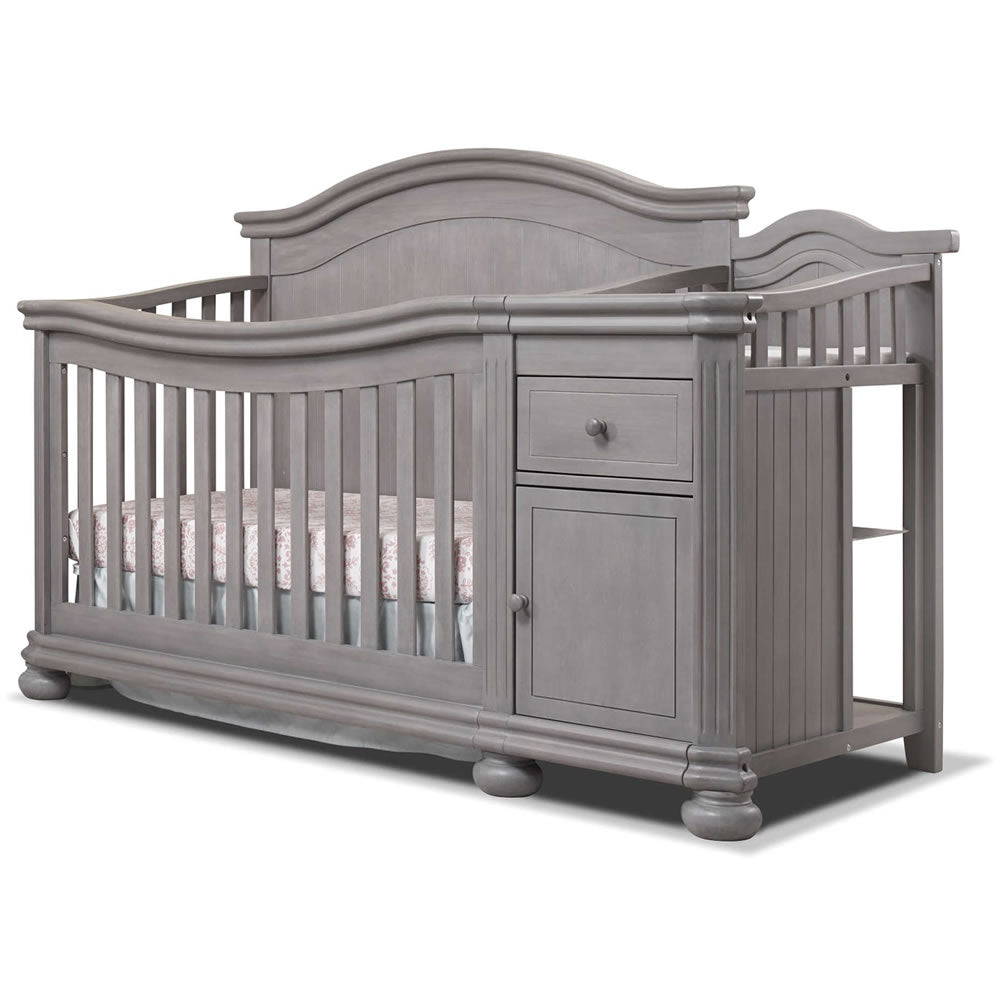 grey crib with changing table