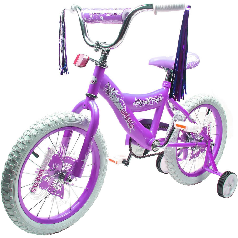 purple bike with training wheels