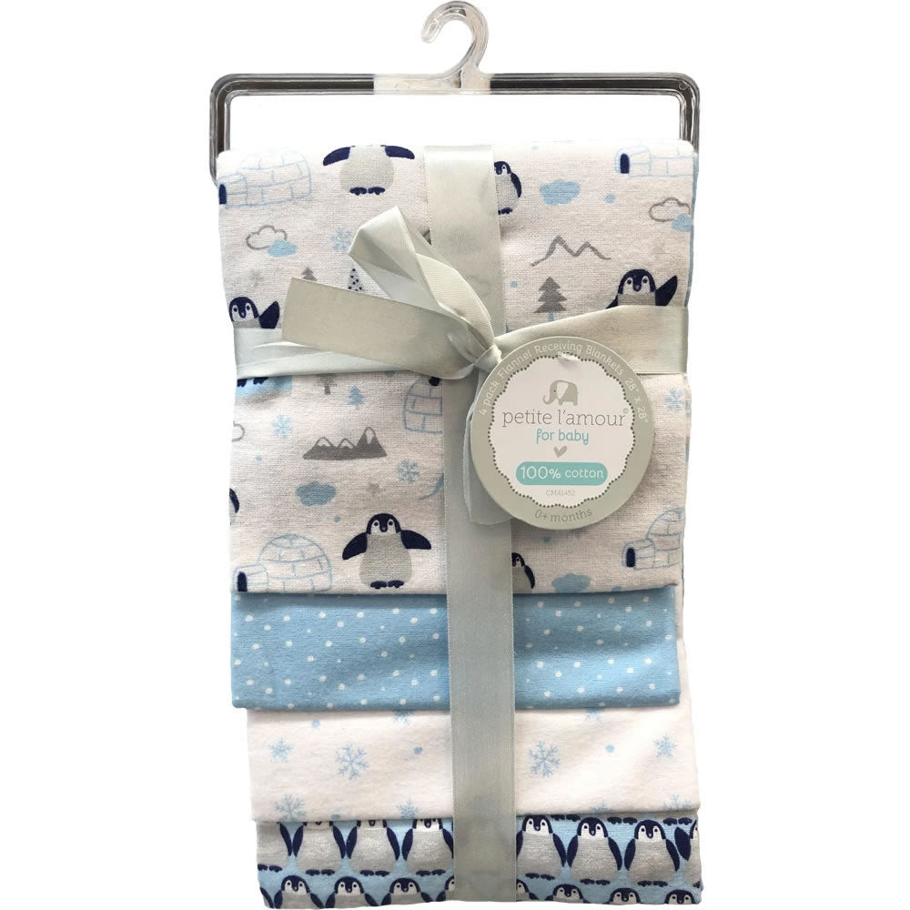 Petite Lamour 4 Pack Flannel Receiving Blankets Blue Penguin