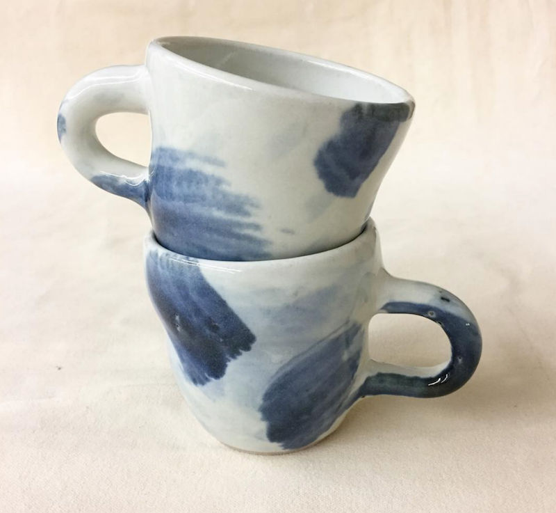 Stef Choi ceramic painterly coffee mugs in blue