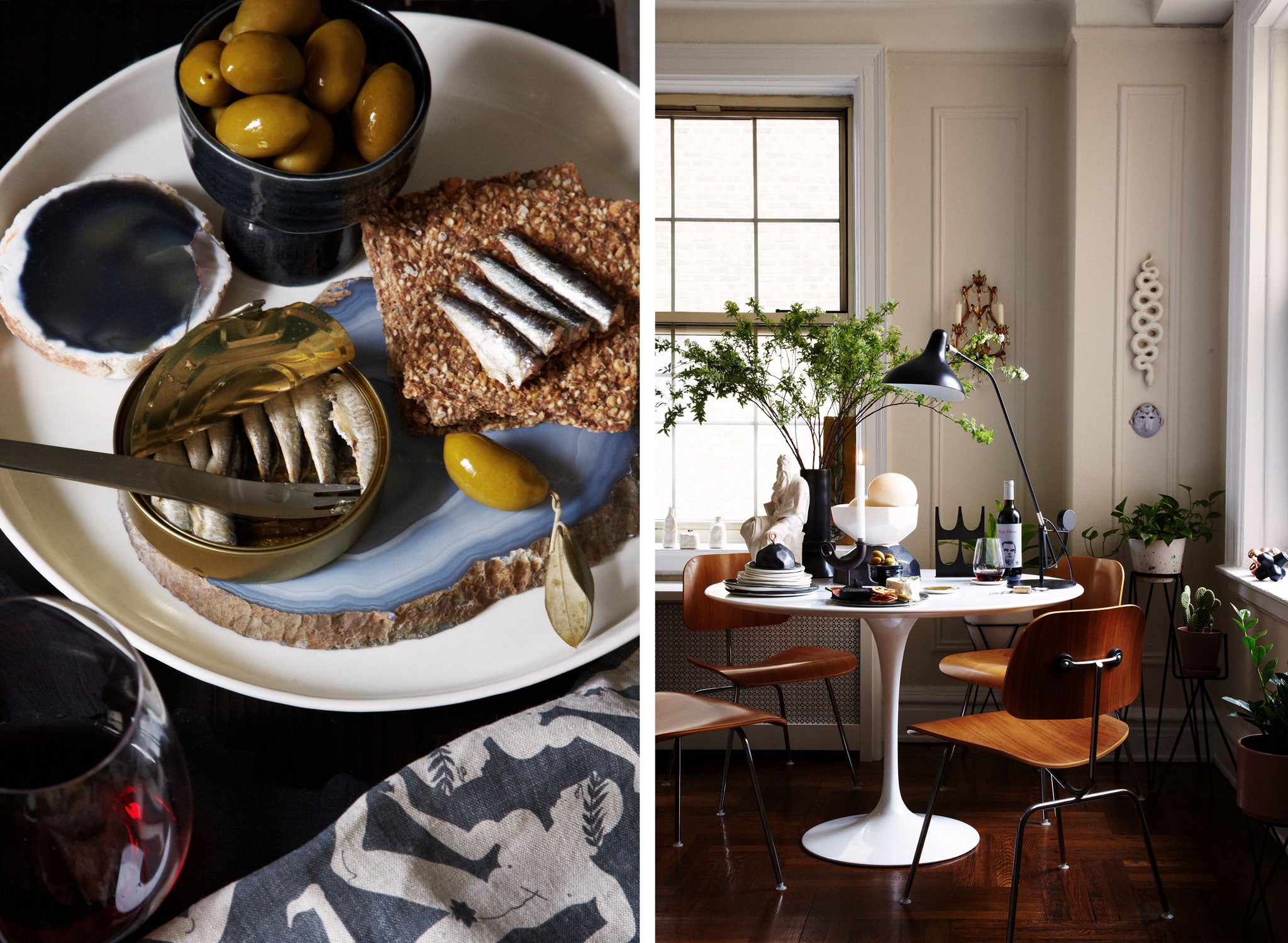 Styled by Marcus Hay, sardines and olives served on DBO HOME ceramics and a dining room with DBO HOME ceramics 