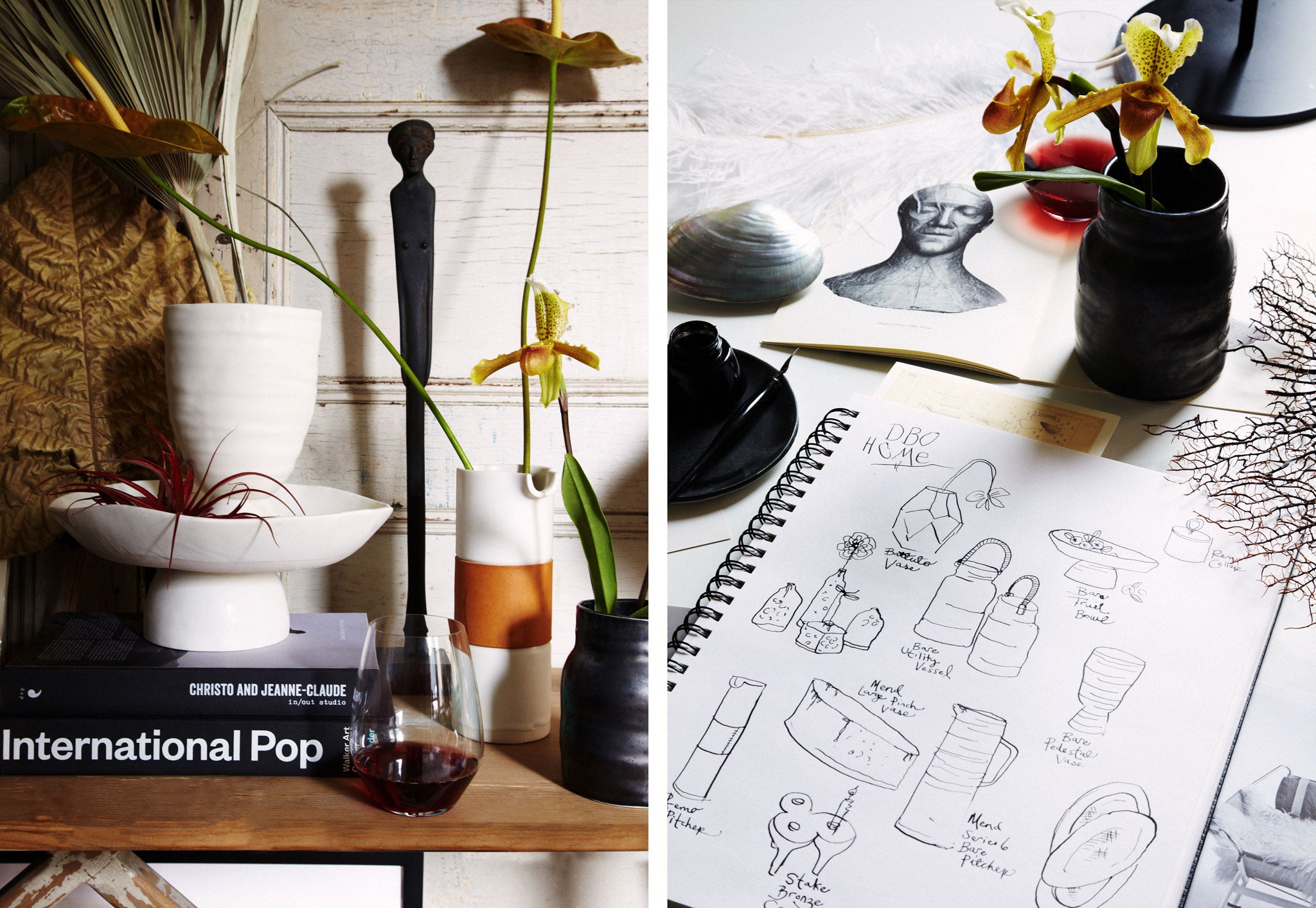 DBO HOME artisan ceramic vases styled by Marcus Hay with a notebook of drawings and sketches of DBO HOME pieces