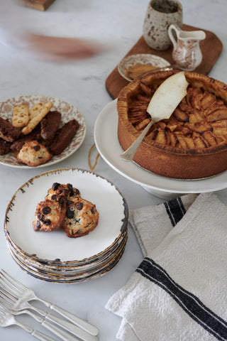 apple cake served on Bare Salad Plates in bronze drip