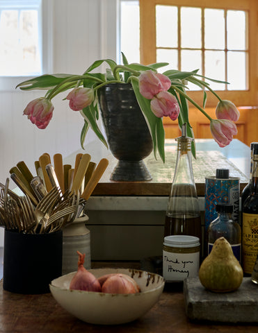 Bare Noodle Bowl and Bare Pedestal Vase with Tulips