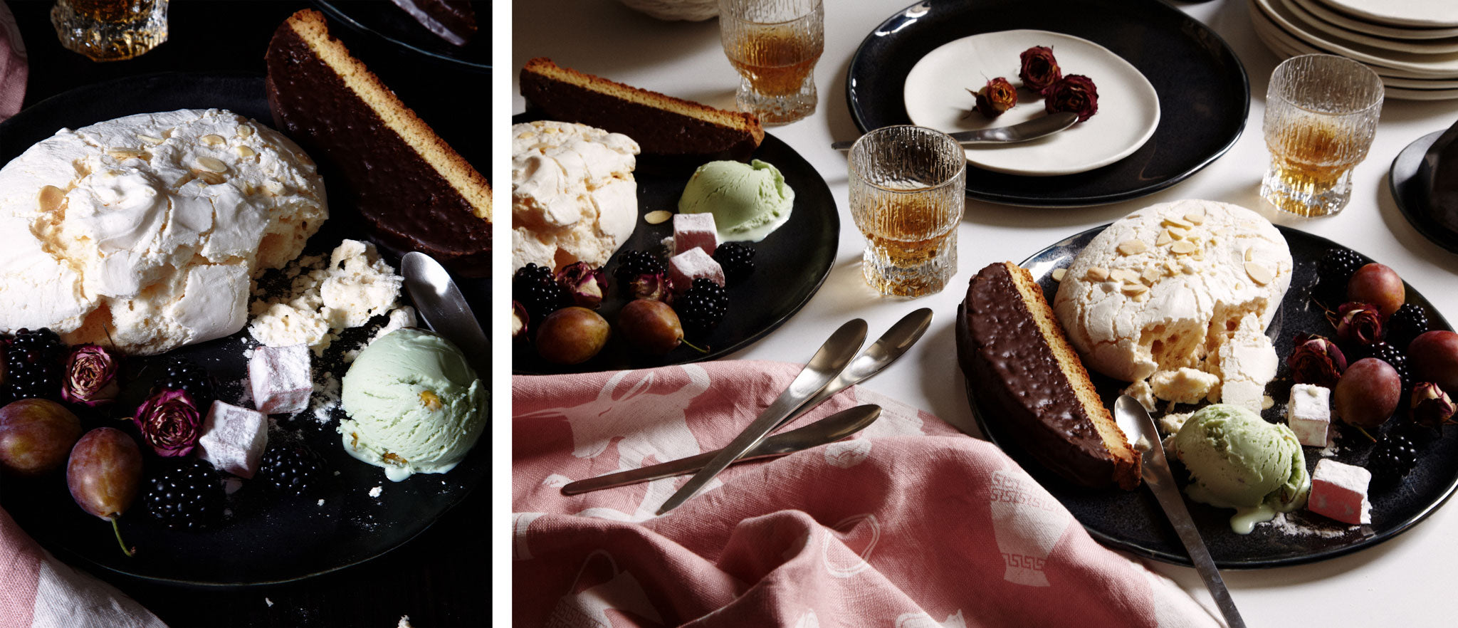 Dessert spread with ice cream, fruit and biscotti on DBO HOME ceramic bare dinner plates