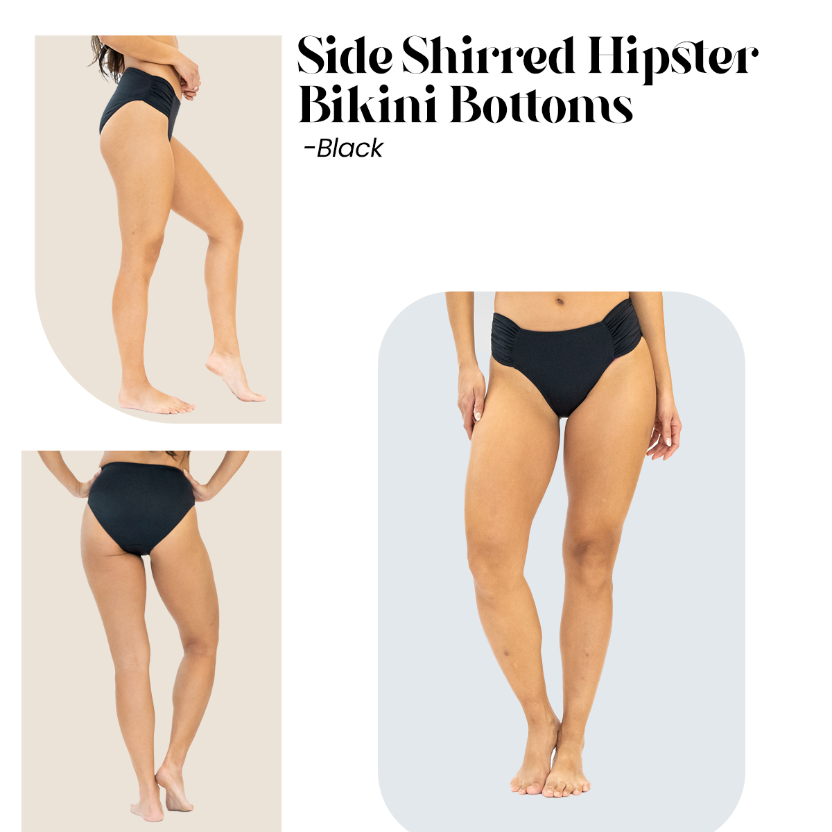 Side Shirred Hipster Bikini Bottoms - Black