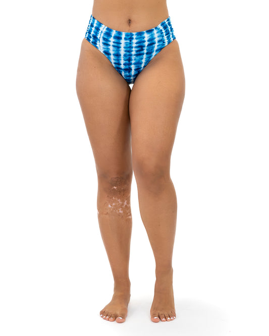 Side Shirred Hipster Bikini Bottoms - Marine Tidal Wave