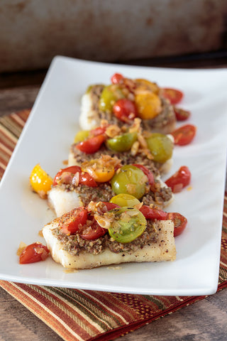 BAKED COD WITH TAPENADE AND WARM TOMATO SALAD