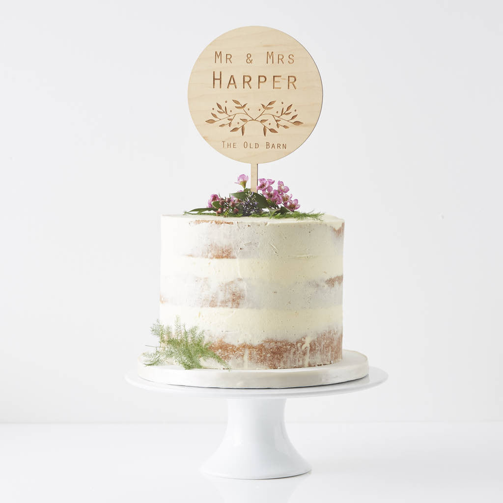 Engraved Botanical Personalised Wedding Cake Topper Sophia