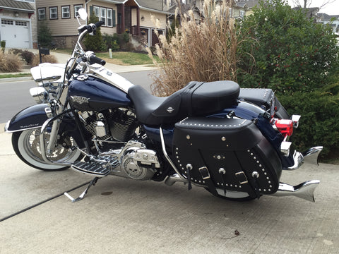 custom leather saddlebags for road king