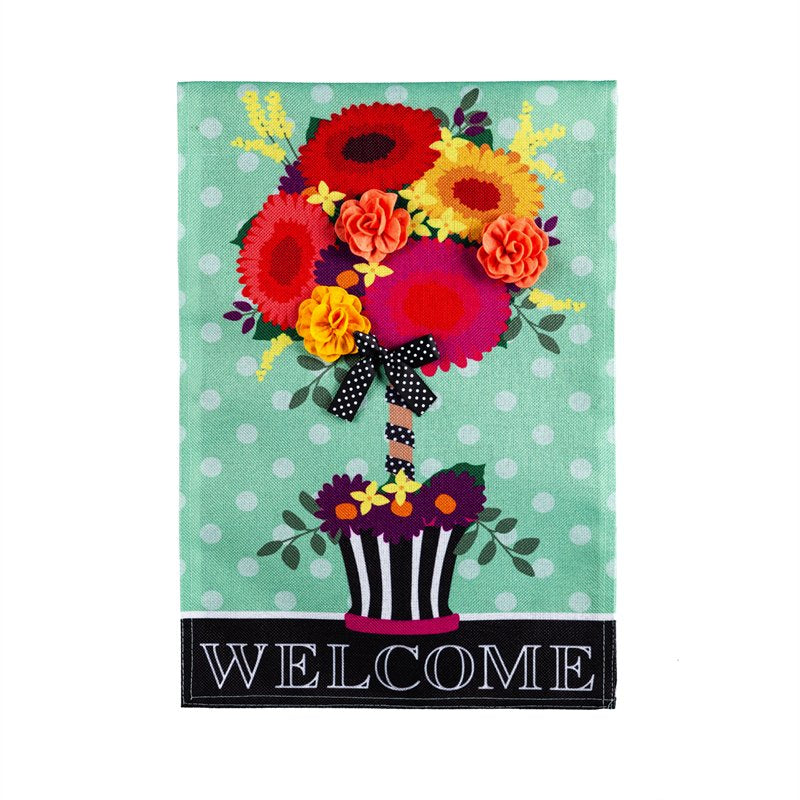 Floral Topiary House Burlap Flag