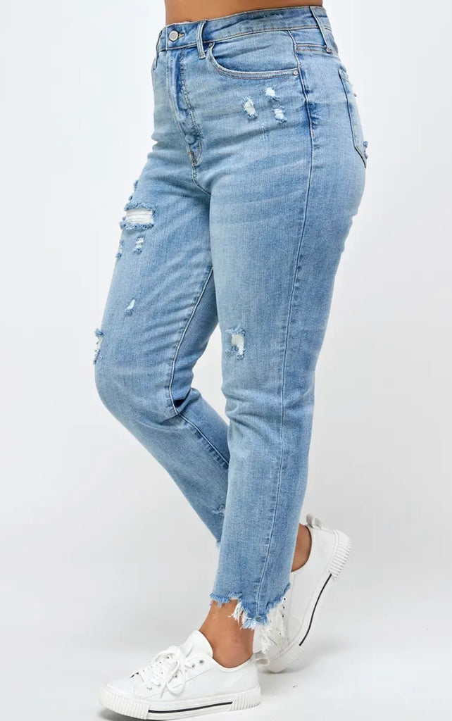 Frayed hem button denim jeans Plus – Morties Boutique