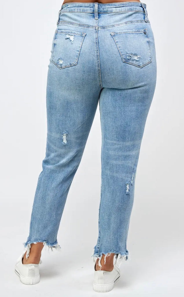 Frayed hem button denim jeans Plus – Morties Boutique