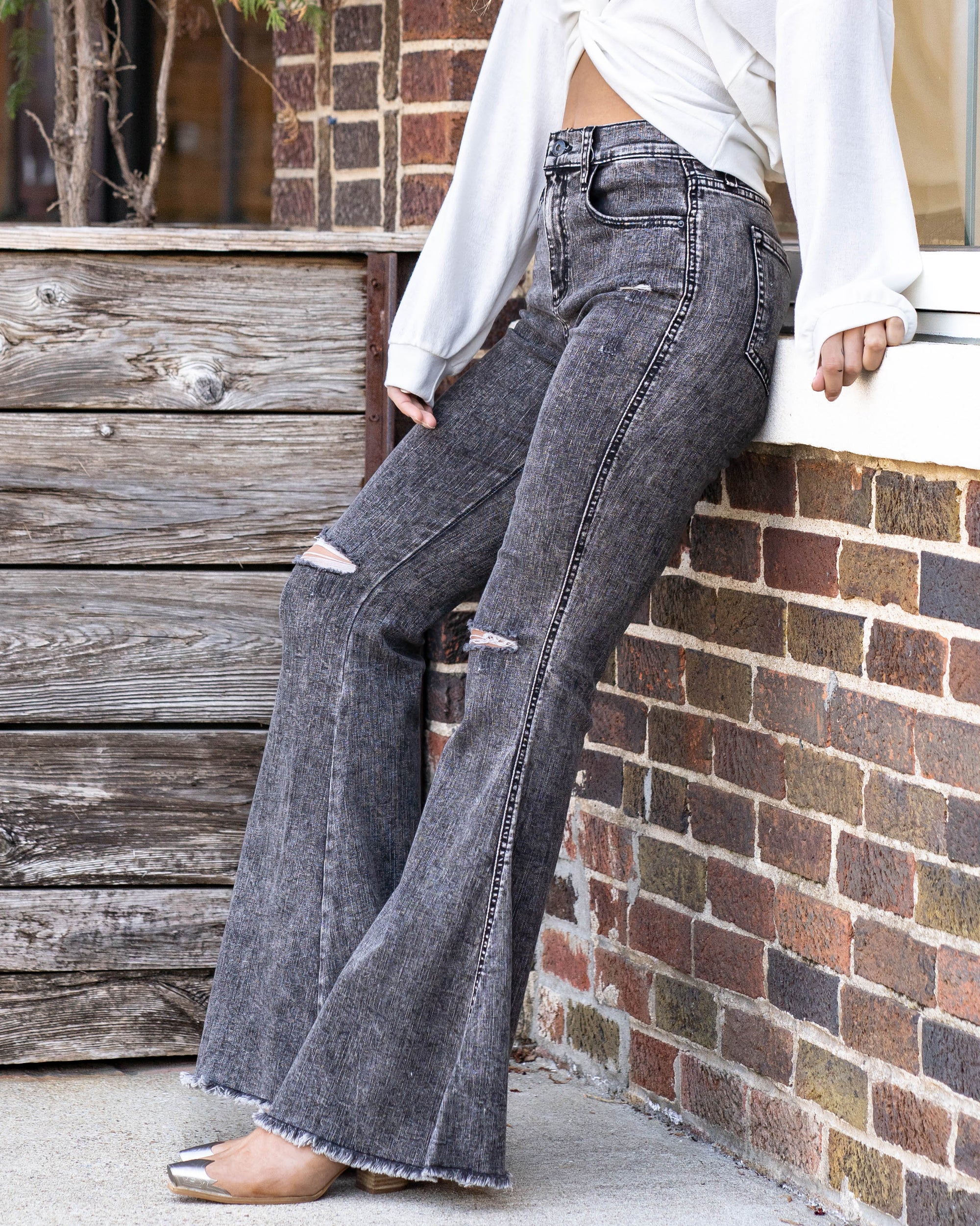 Lynn High Rise Distressed Frayed Hem Flares - Black Acid Wash