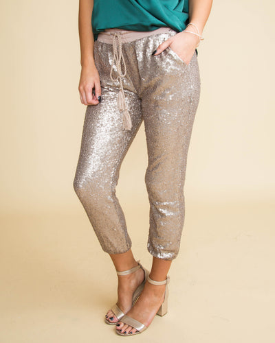 gold sequin joggers