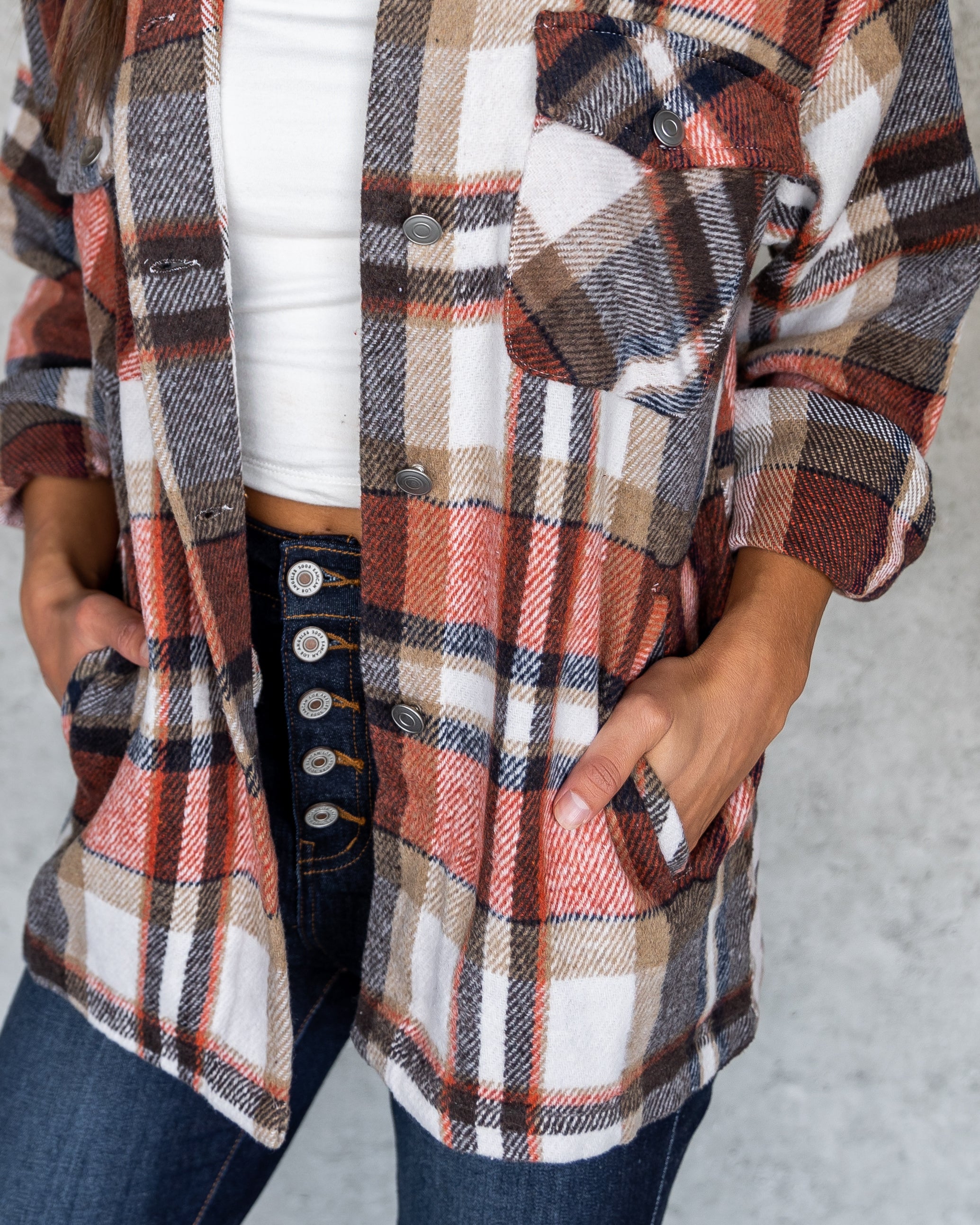 PREORDER - Jordin Plaid Pocketed Shacket - Rust Multi