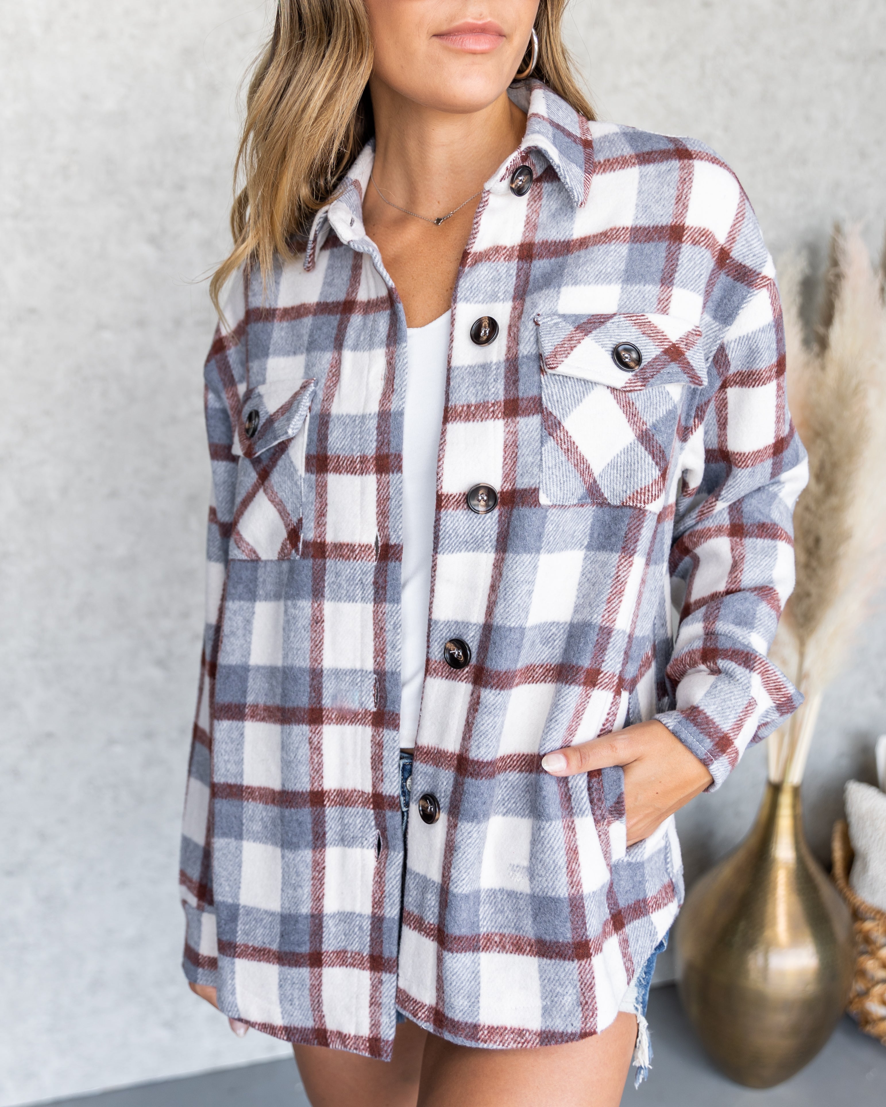 PREORDER - Ryder Plaid Pocketed Shacket - Grey Multi