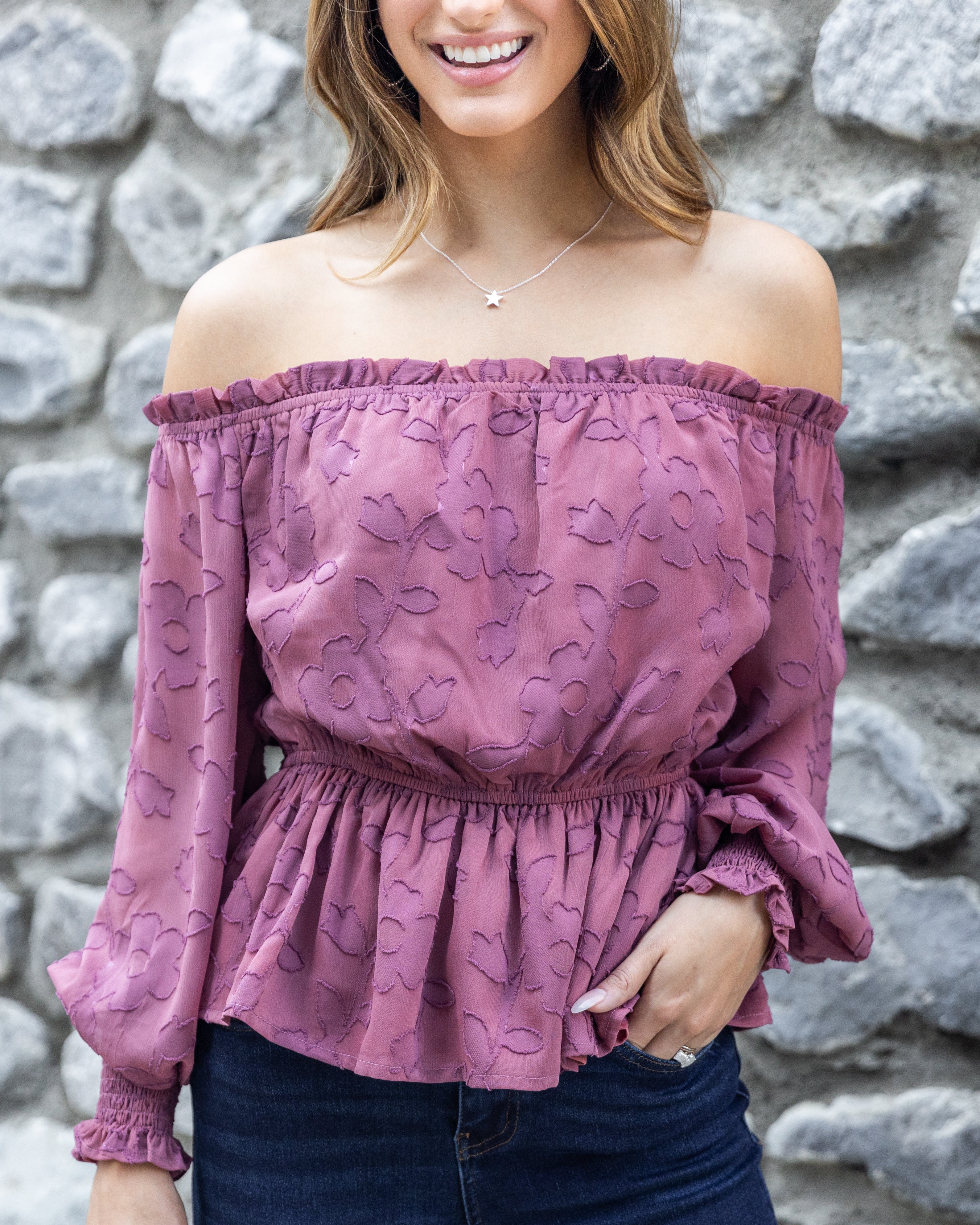 Kaylee Off Shoulder Textured Floral Print Top - Mauve