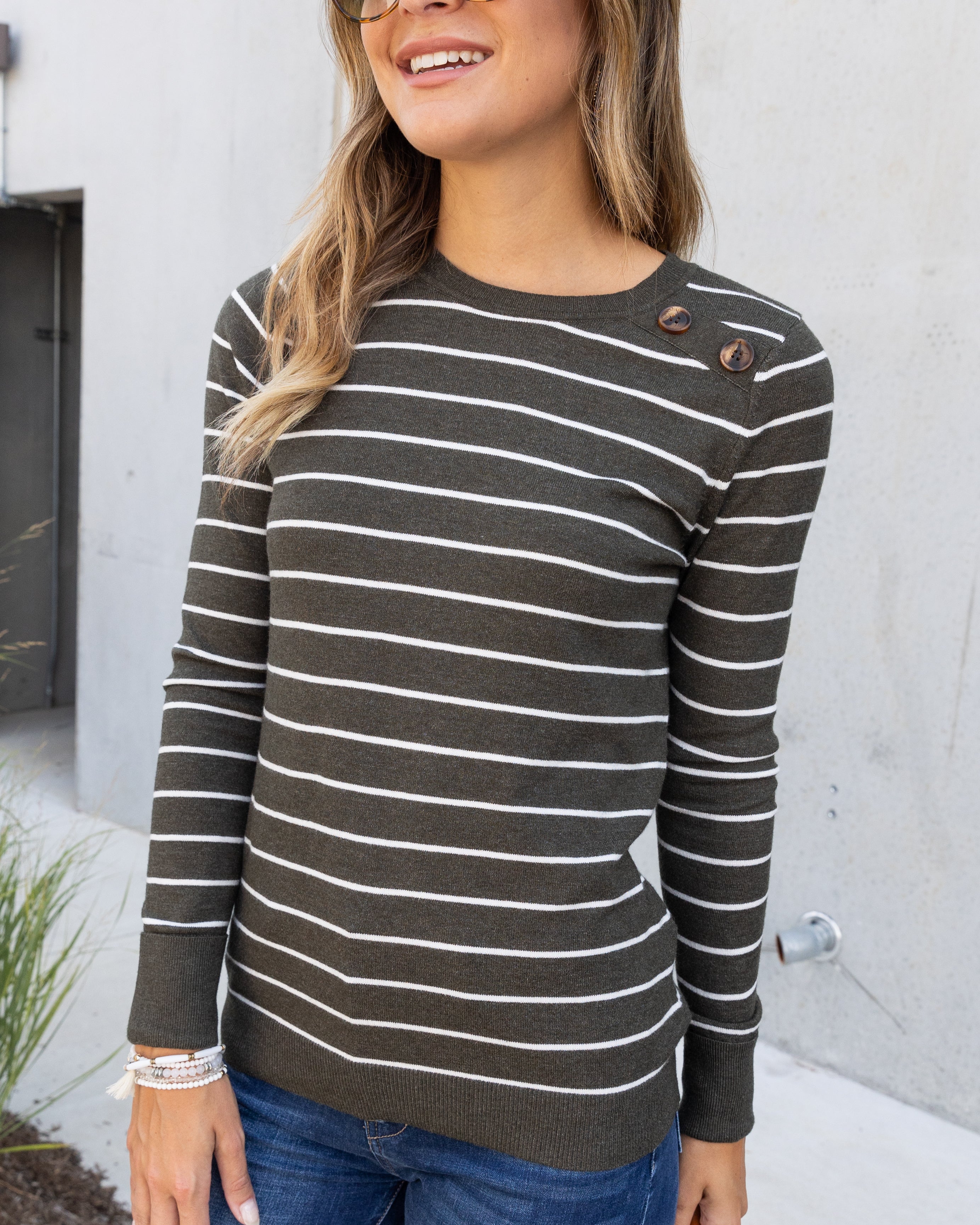 Janie Striped Button Sweater - Olive