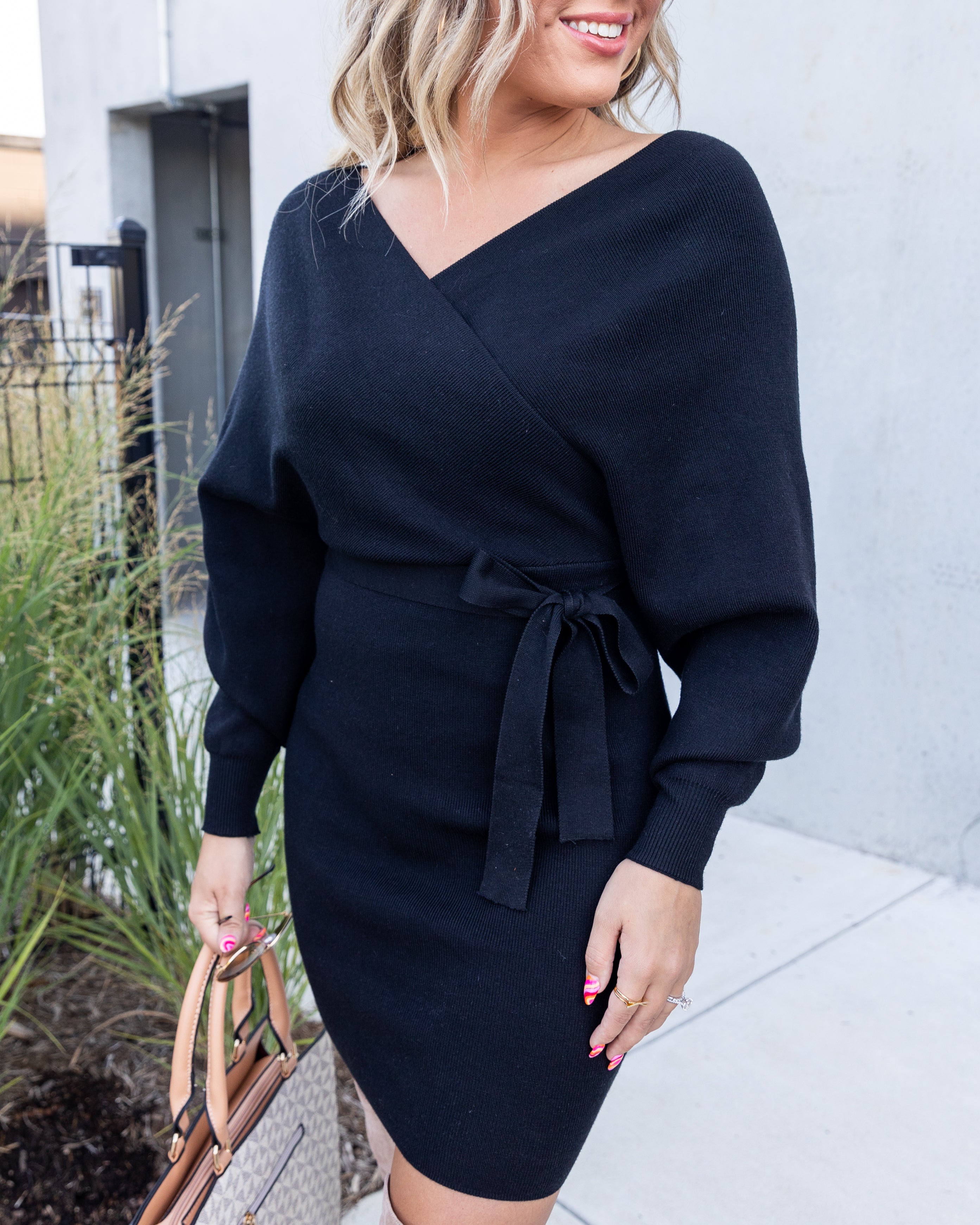 Brina Crossover V-Neck Sweater Dress - Black