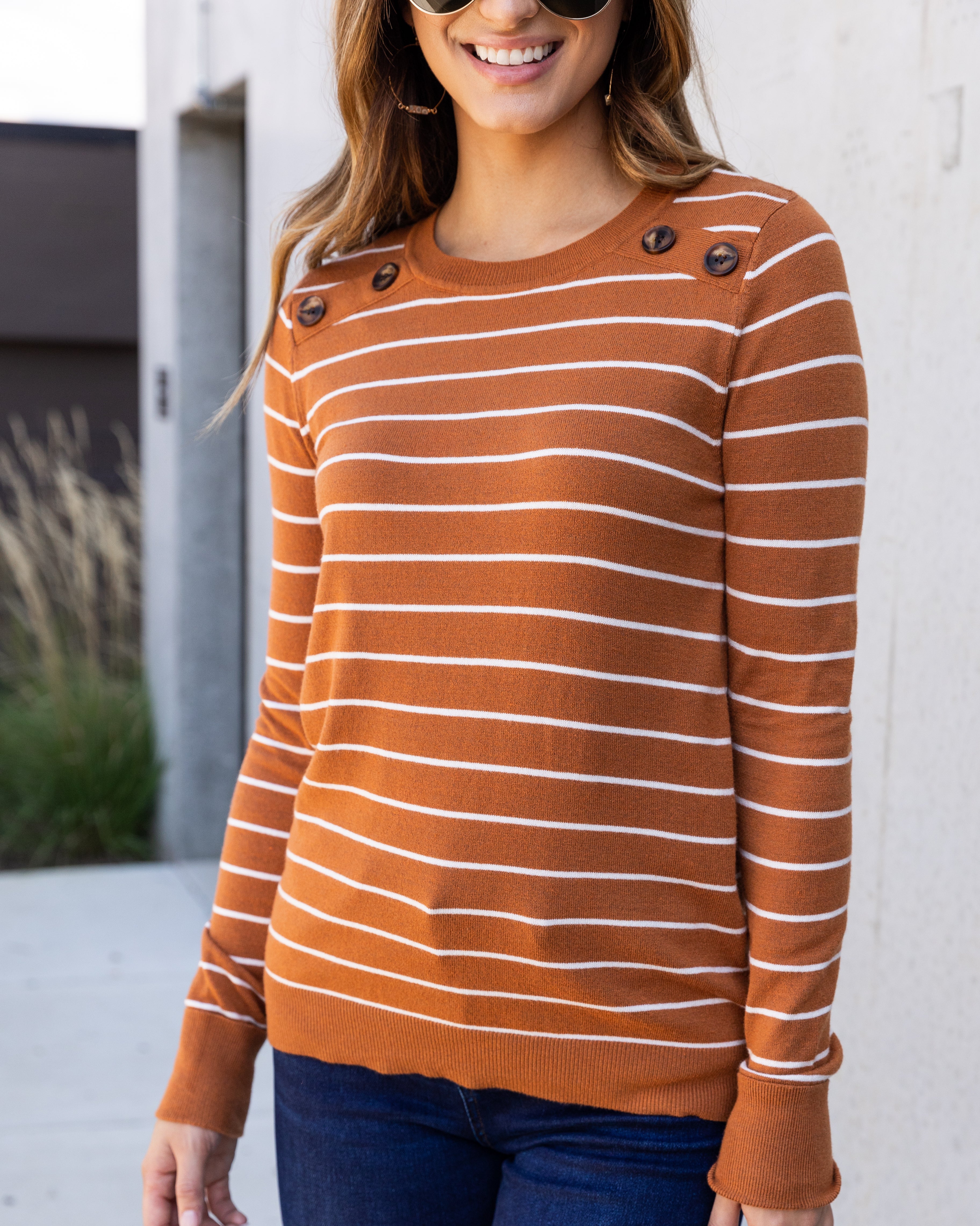 Janie Striped Button Sweater - Pumpkin Spice