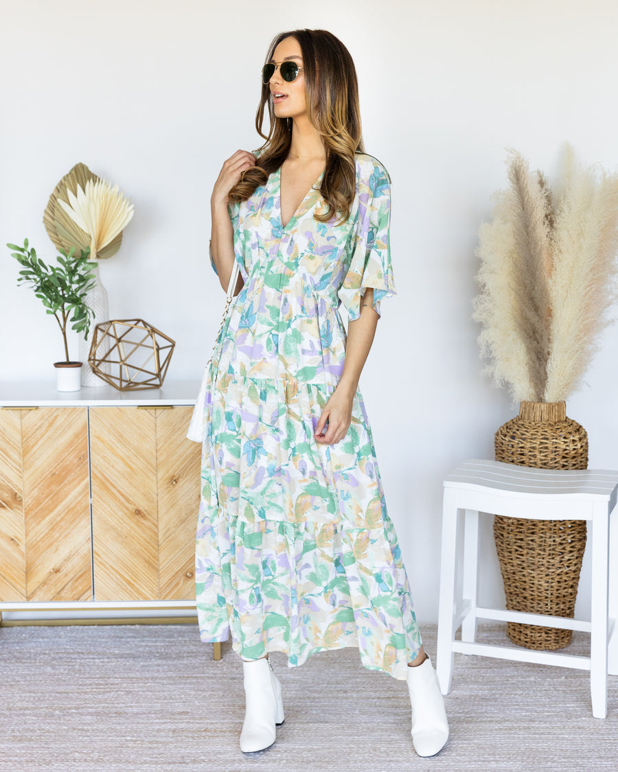 Reese Ditsy Floral Smocked Midi Dress - Sage - Eleven Oaks Boutique