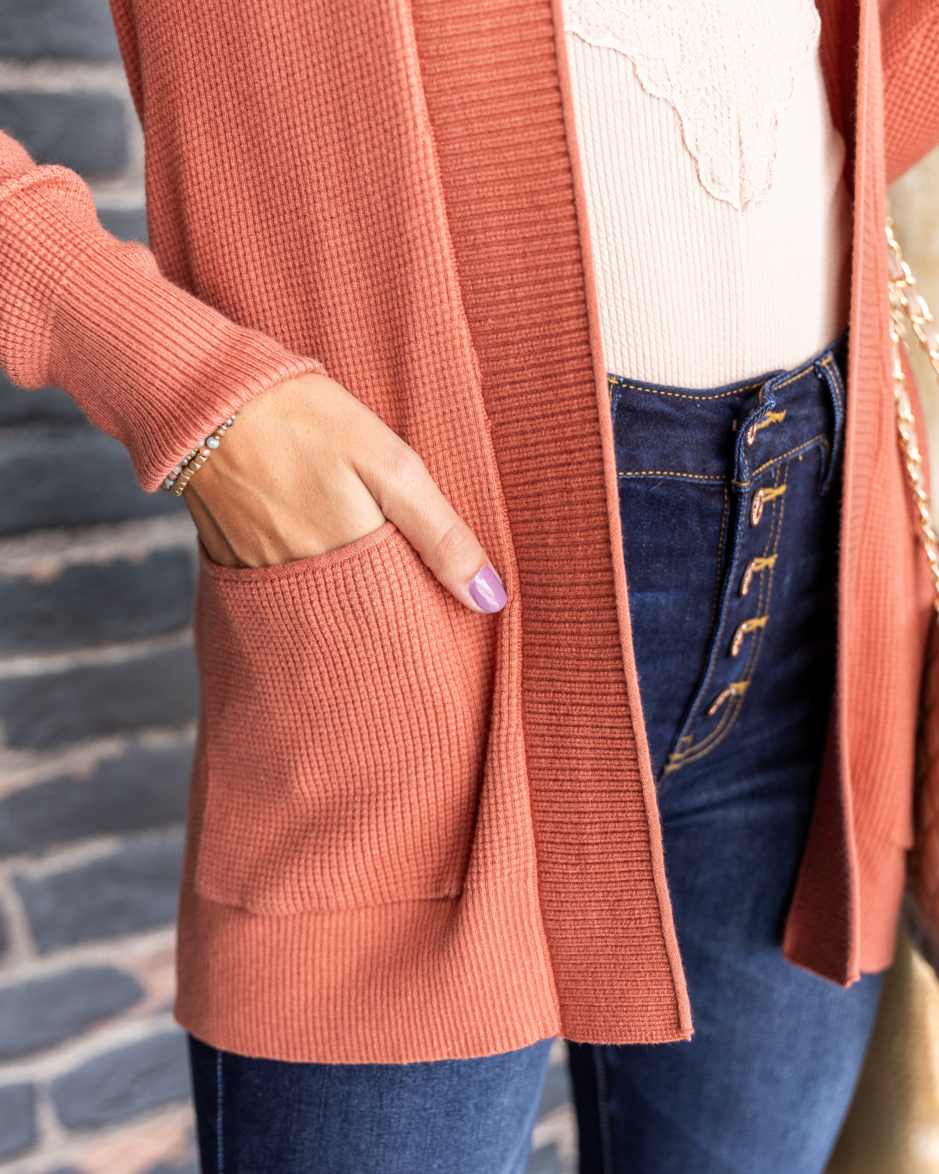 Marybeth Waffle Knit Pocketed Cardigan - Salmon