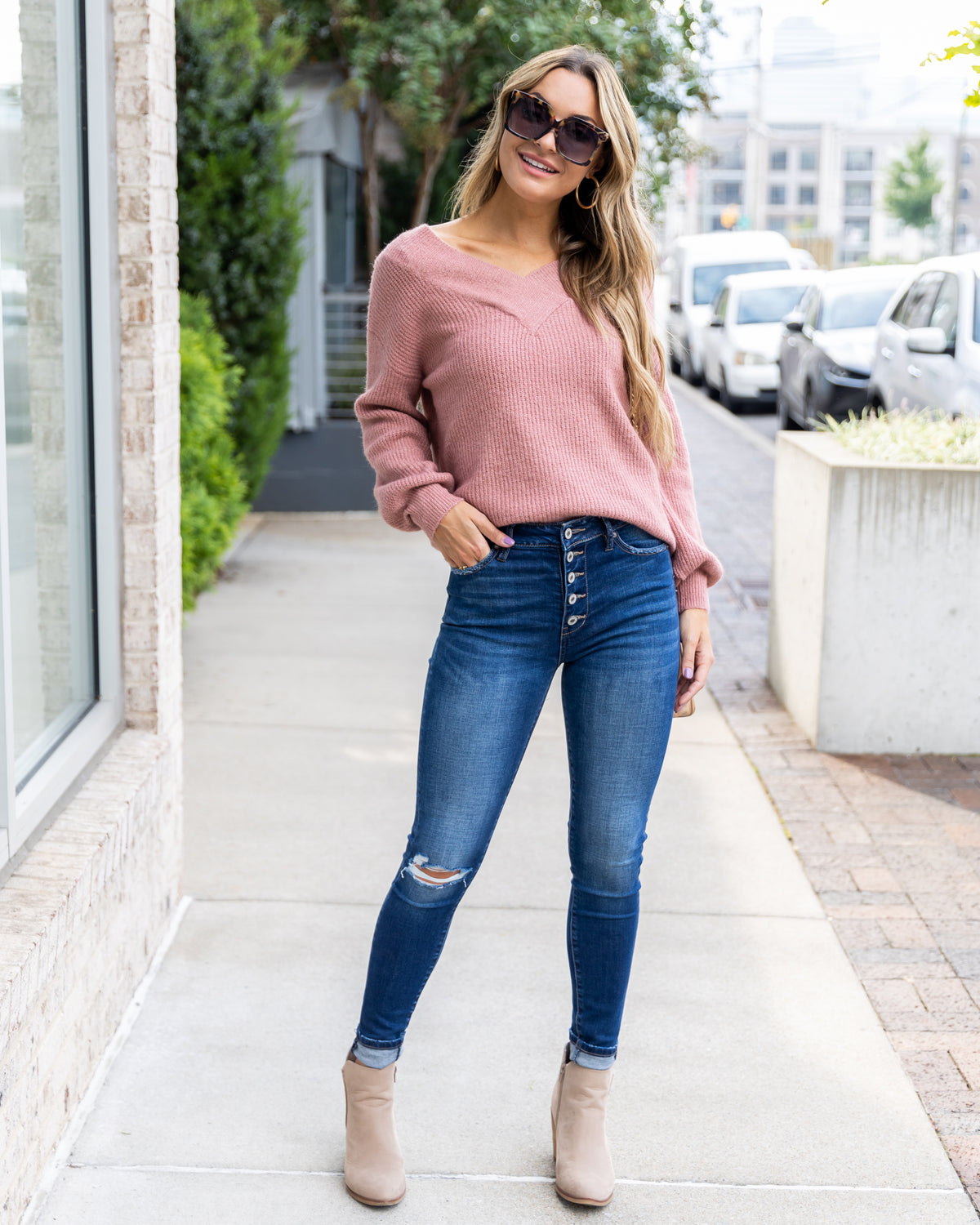 Amaya V-Neck Ribbed Sweater - Blush - Eleven Oaks Boutique