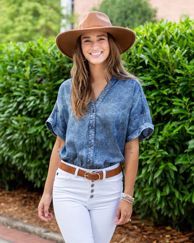 Lexi Button Up Chambray Bodysuit - Dark Wash - Eleven Oaks Boutique