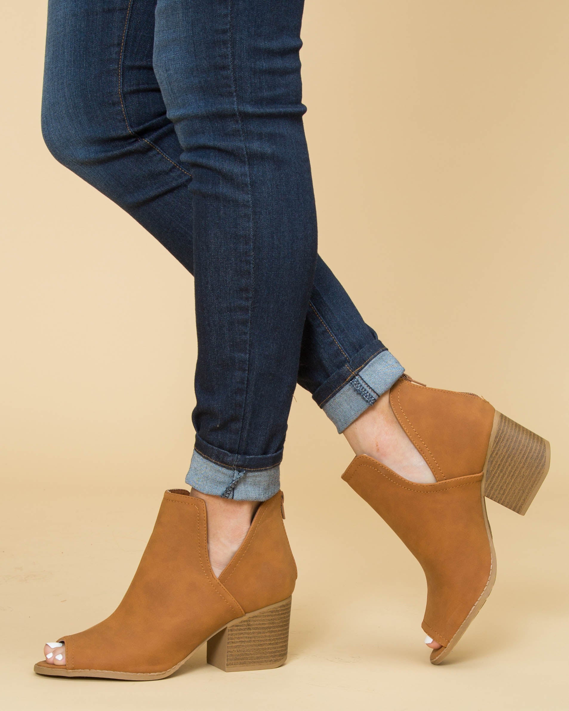 cognac peep toe booties