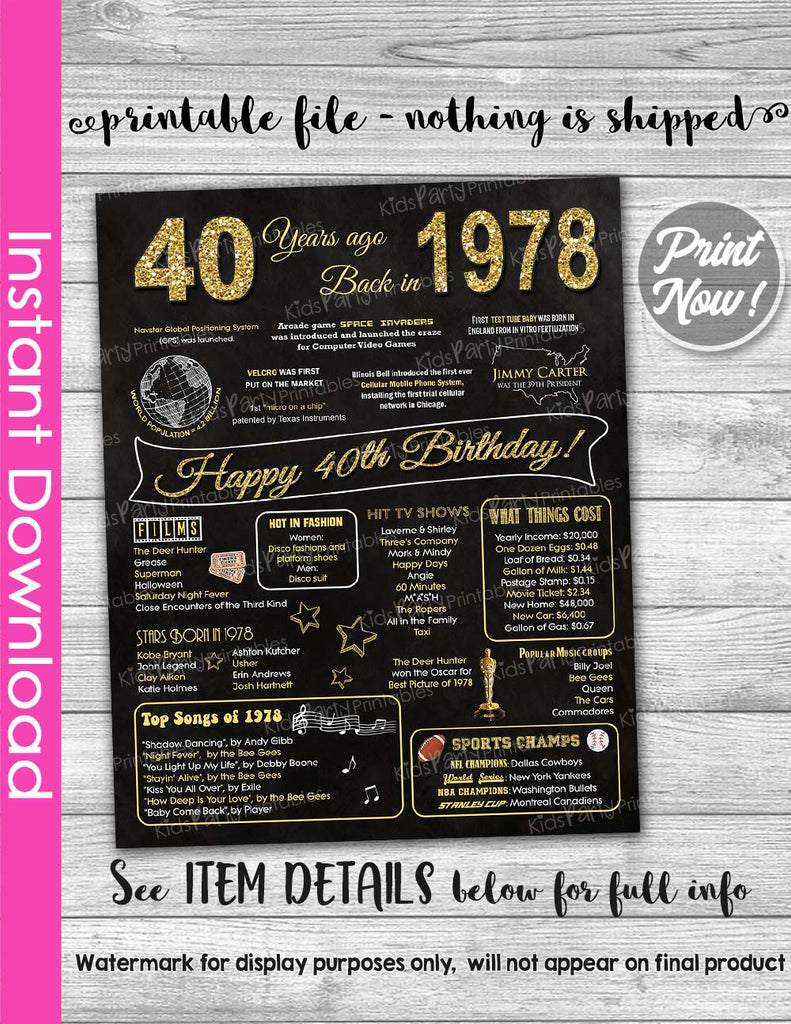 40 years 1978 Birthday Poster PINK 1978 Birthday CHALKBOARD Instant