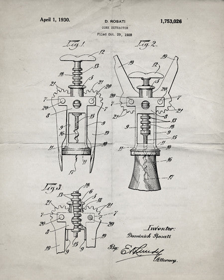 Corkscrew Wine Bottle Opener Patent Print - IndustrialPrints
