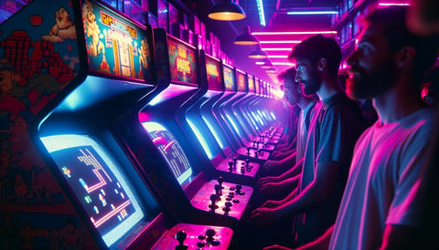 A nostalgic arcade setting with classic arcade cabinets and neon lights