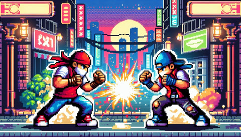 A retro gaming scene with two players engaged in a beat 'em up game