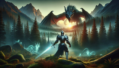 Illustration of a medieval fantasy RPG adventure with knights and dragons