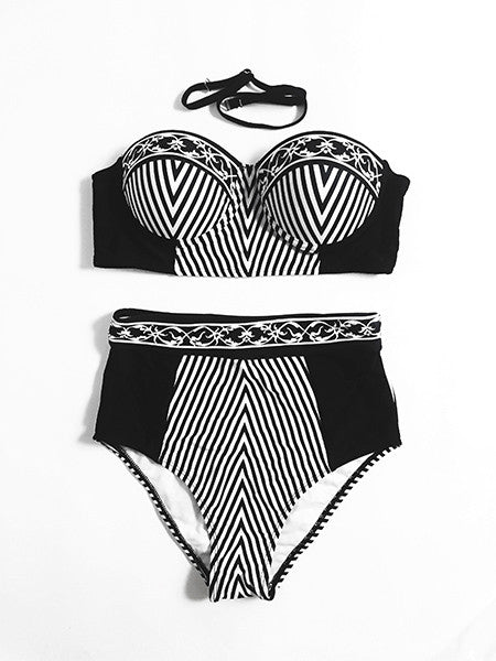 Striped Down High Waisted Bikini Set – FIREVOGUE