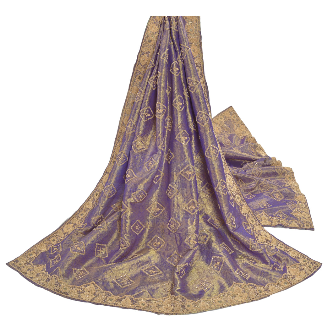 Sanskriti Vintage Heavy Dupatta Pure Silk Purple Hand Beaded Woven Brocade Stole